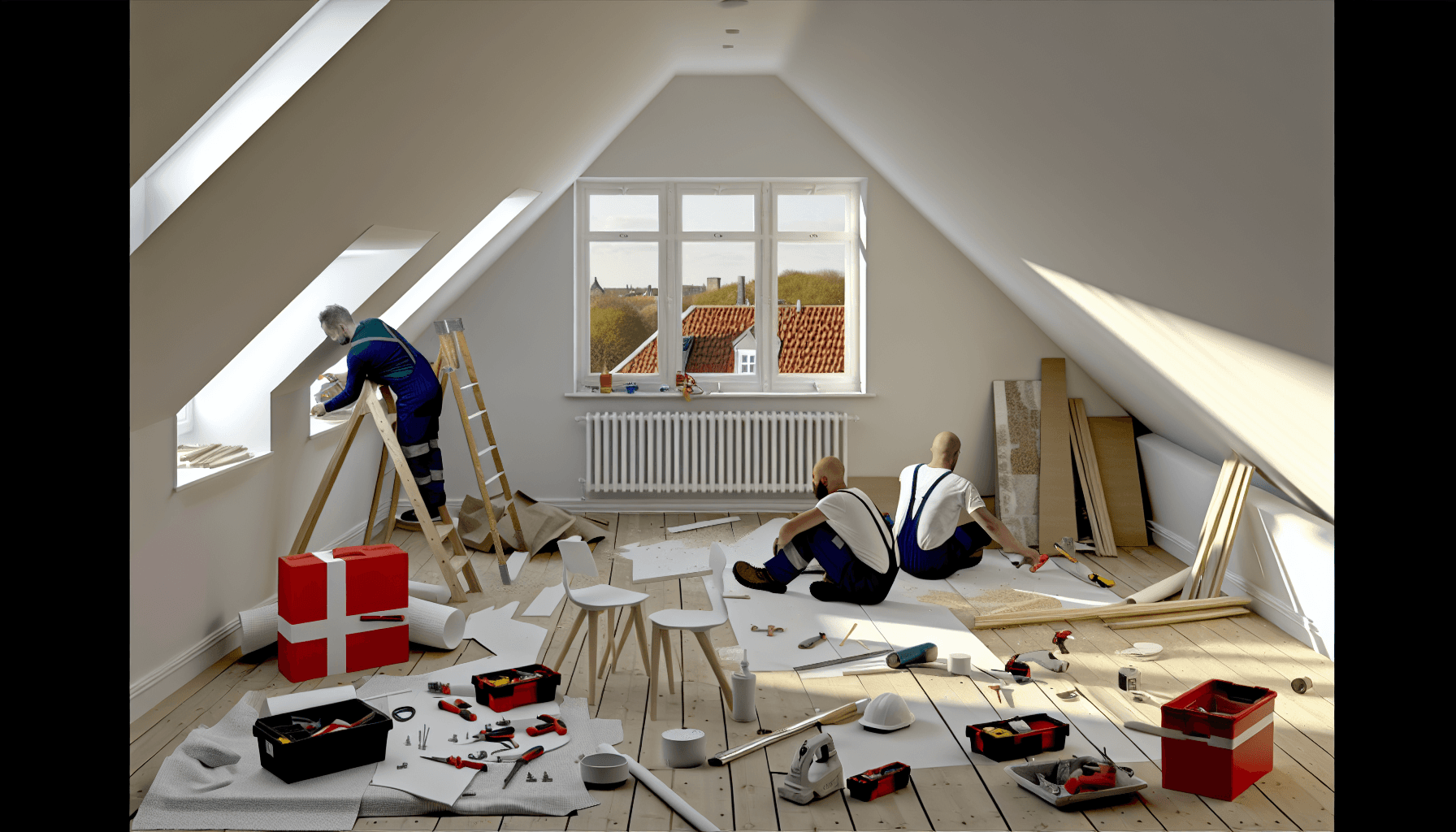 Team af danske håndværkere der arbejder på tagetage projekt