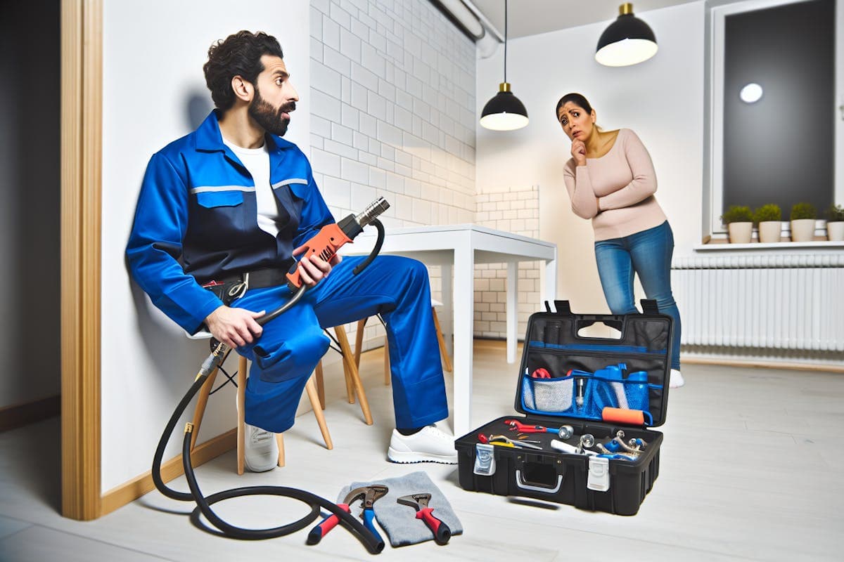 Professional Danish plumber using heat gun to thaw frozen pipes in home basement while homeowner wat