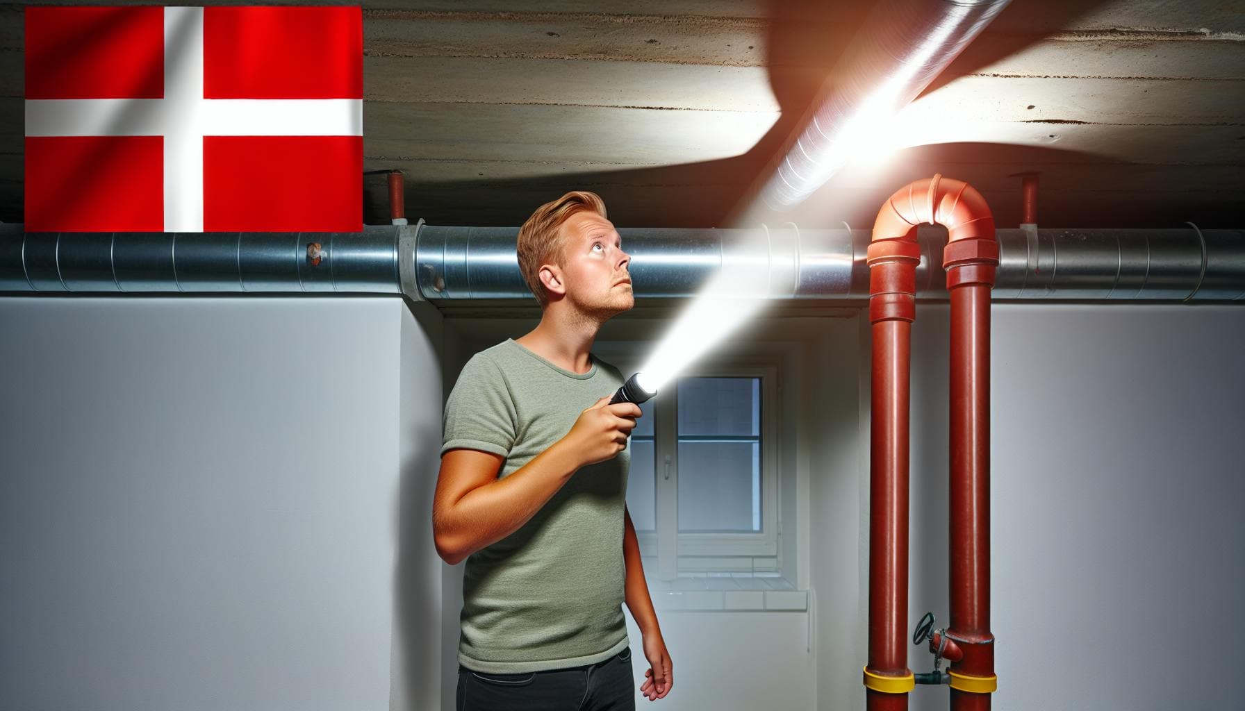 Danish homeowner inspecting exposed water pipes in basement ceiling near exterior wall, flashlight i