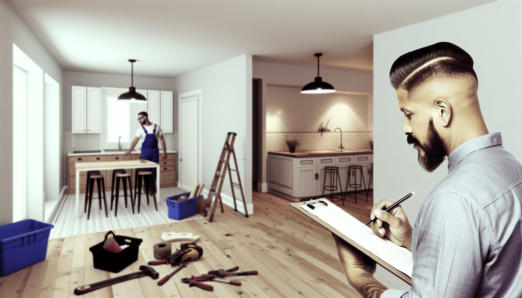 Håndværker inspicerer kvaliteten af renoveringsarbejde