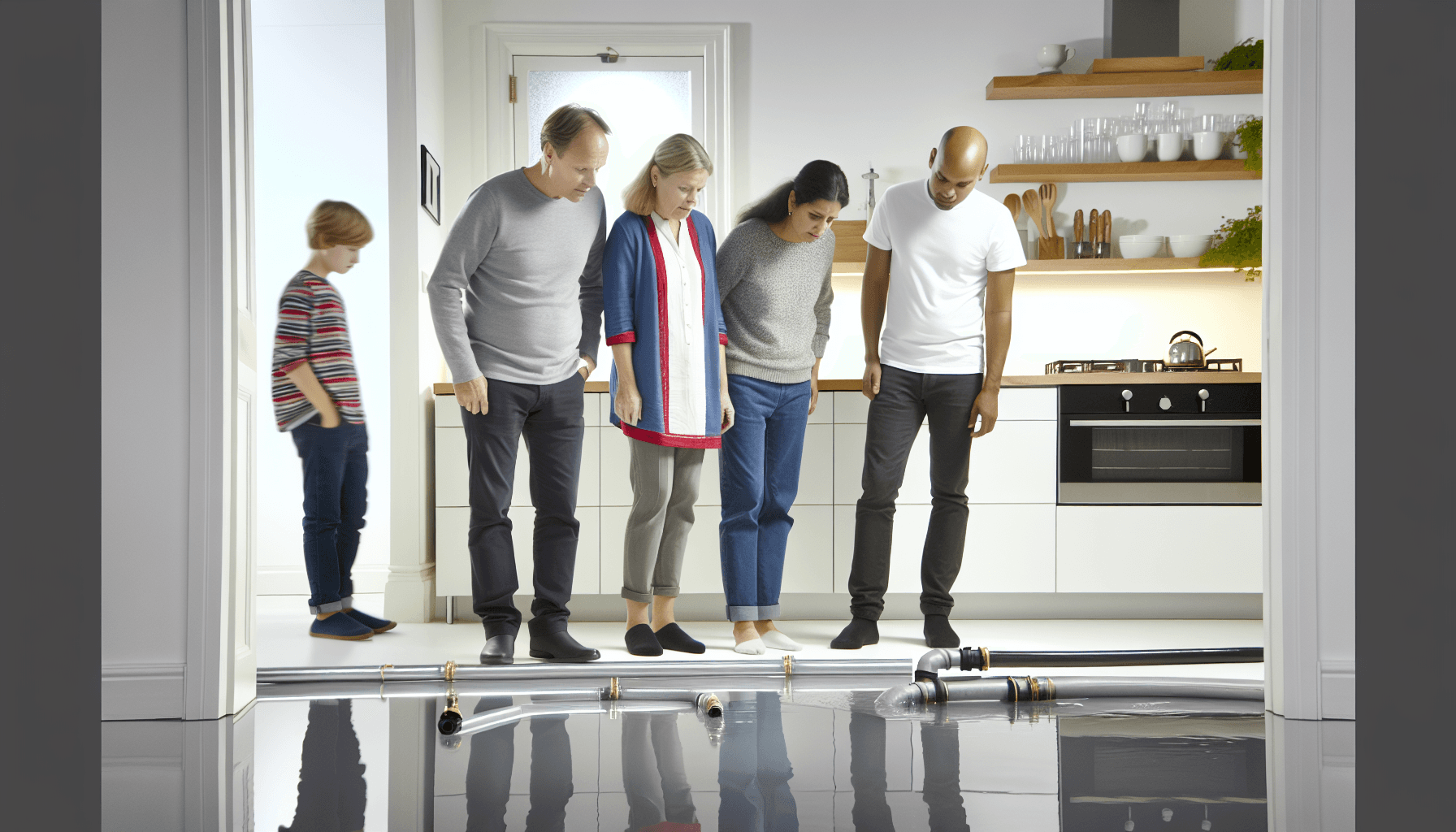 Dansk familie der undersøger vandskade i køkken med synlige vandrør