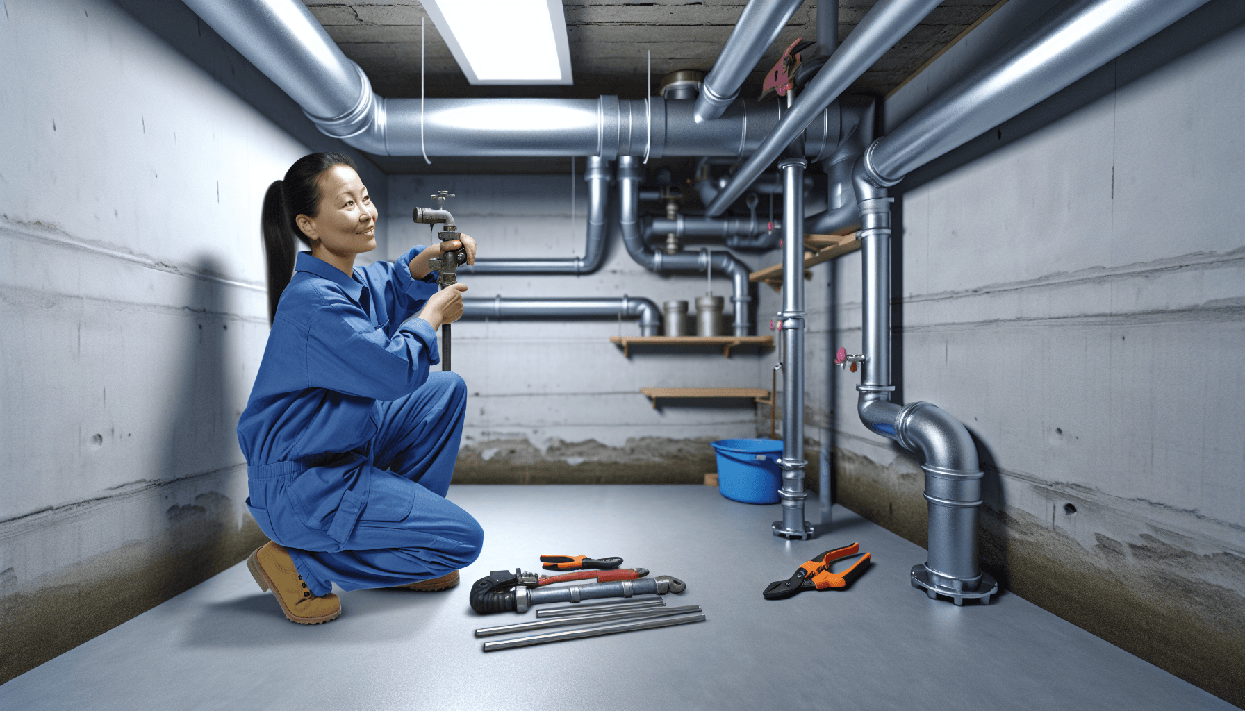 Professionel VVS-håndværker der reparerer vandrør i dansk kælder