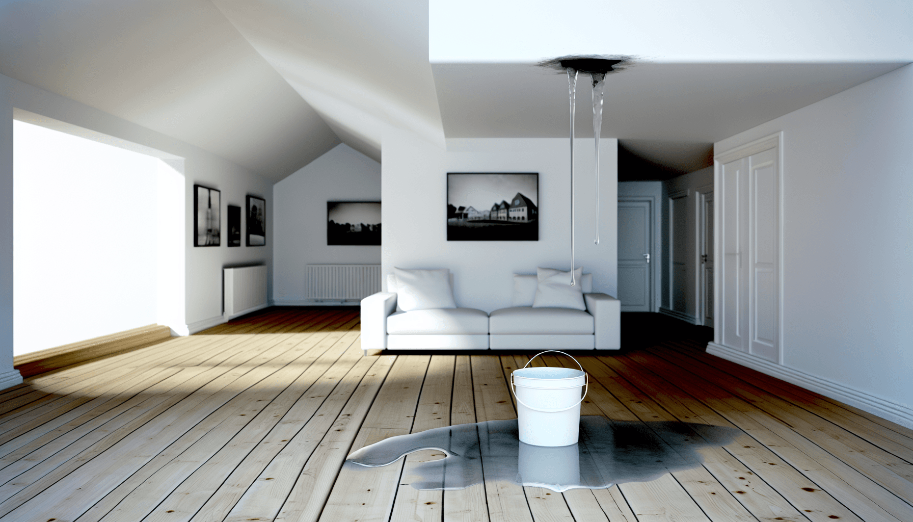 Vandskade i stue med fugtpletter på væg og gulv