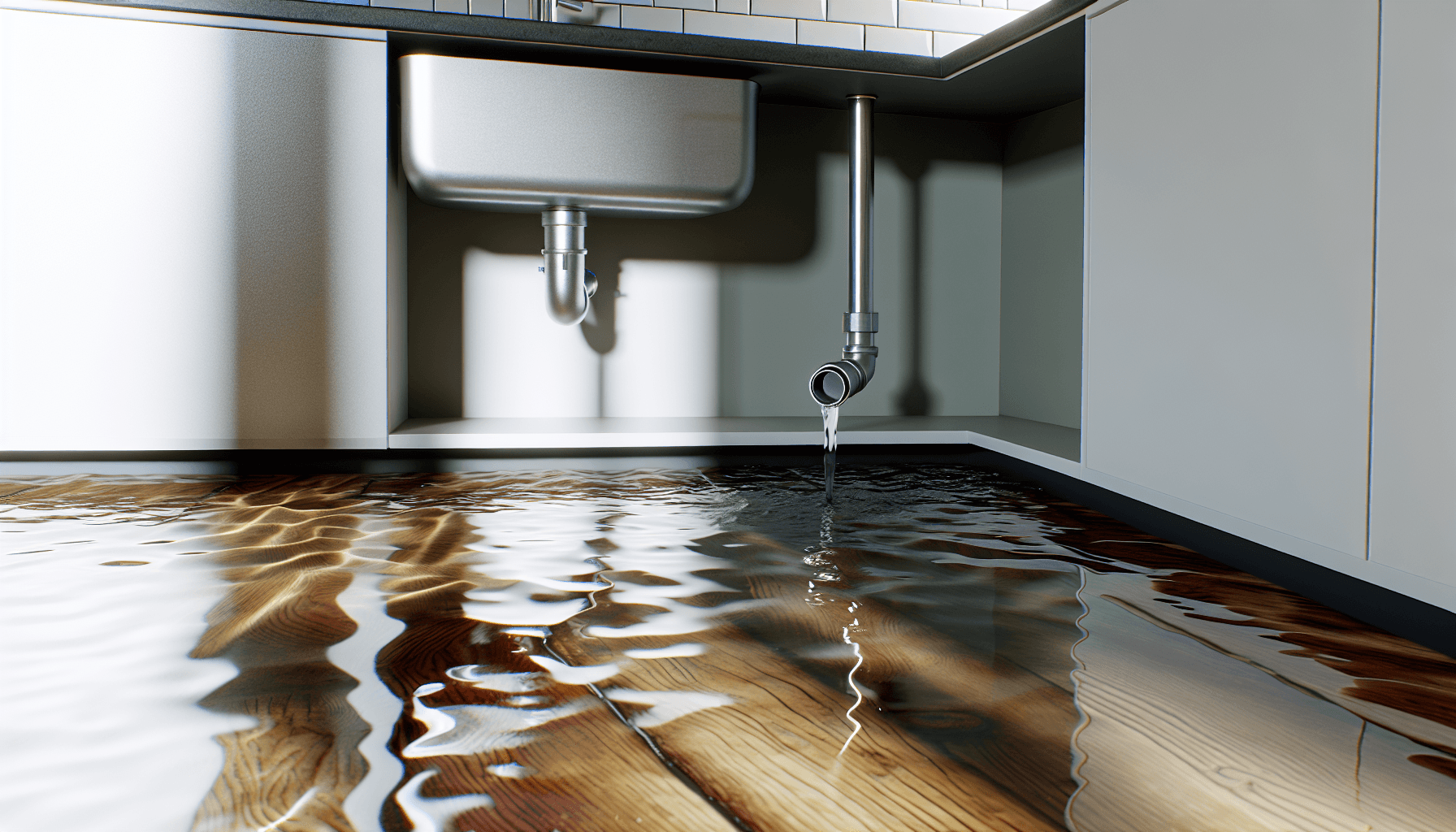 Rørbrud under køkkenvask med vand på gulv