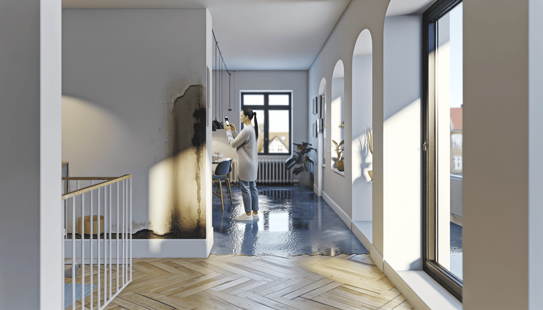 Person der dokumenterer vandskade med telefon