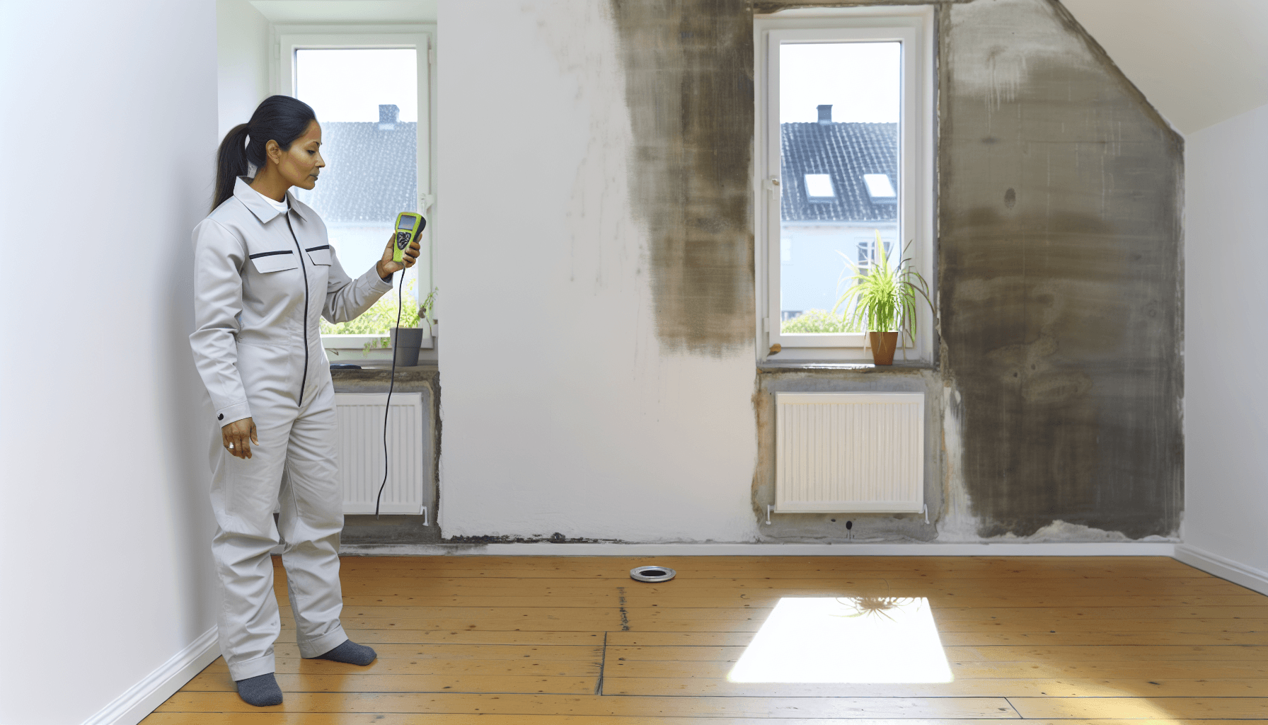 Håndværker der måler fugt i væg efter vandskade