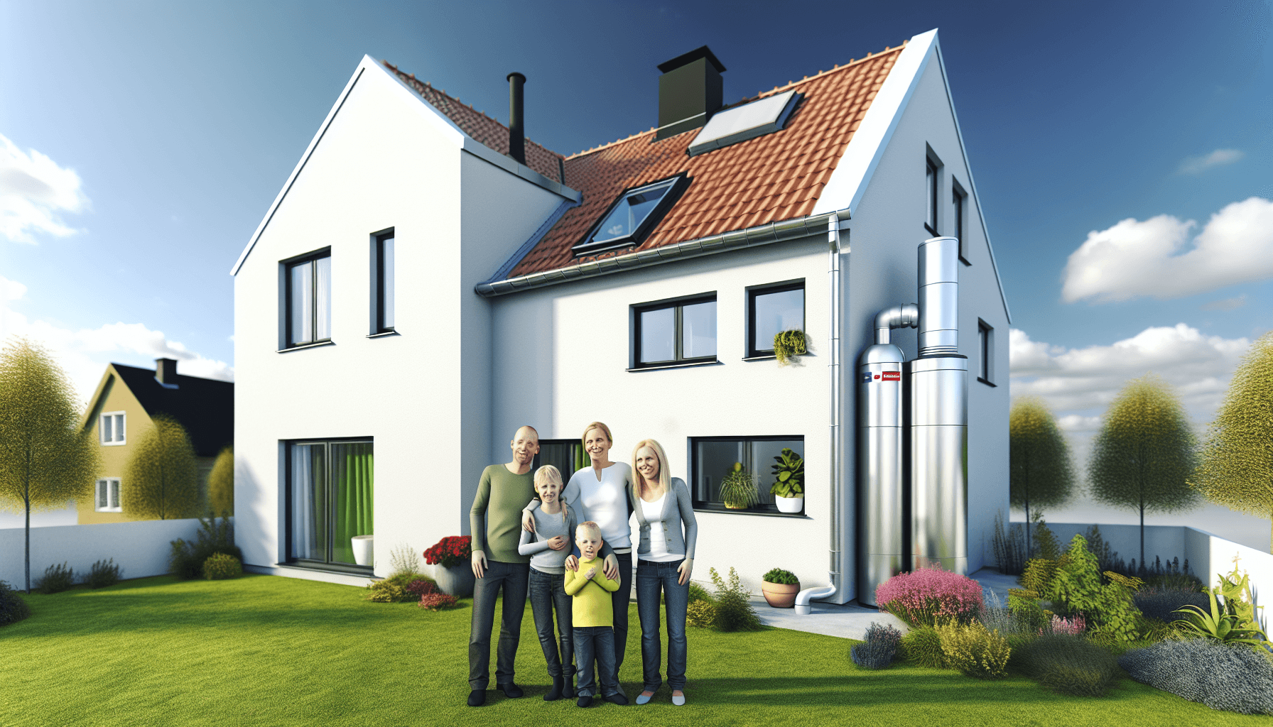 Familie foran hjem med varmepumpe