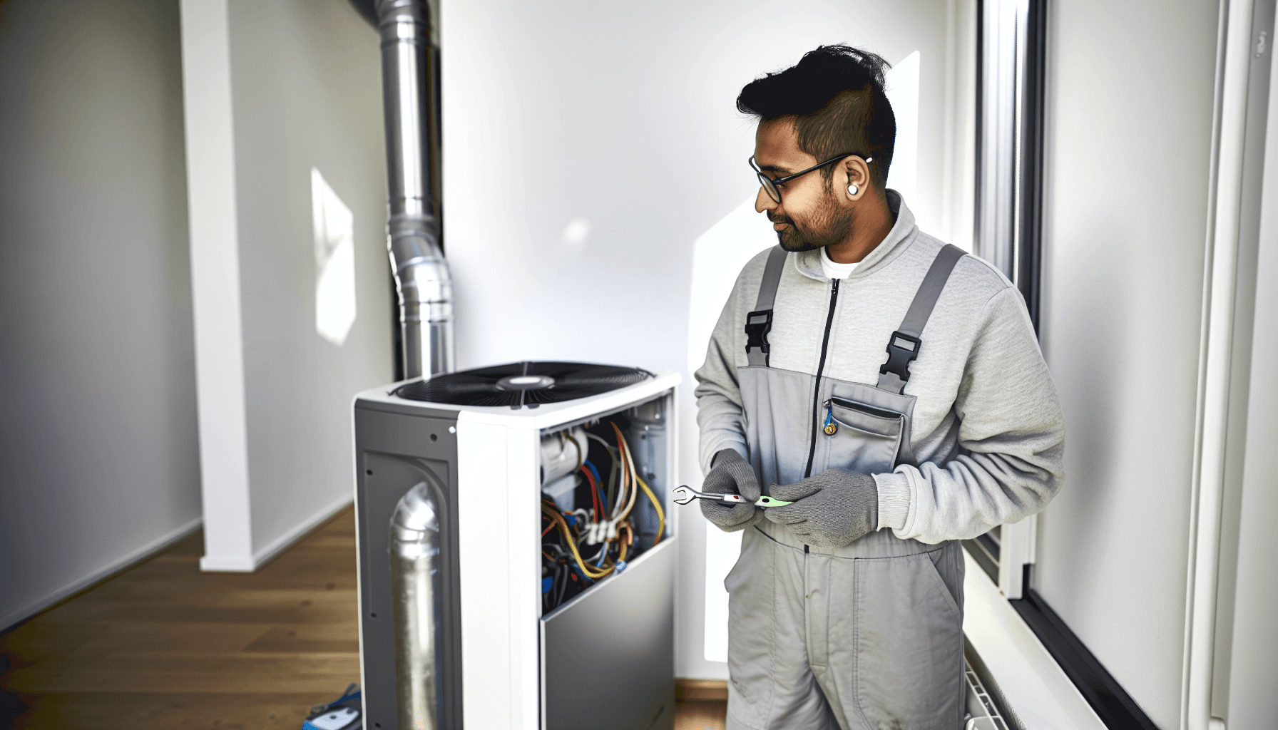 Professionel tekniker servicerer en moderne luft-til-vand varmepumpe i dansk villa