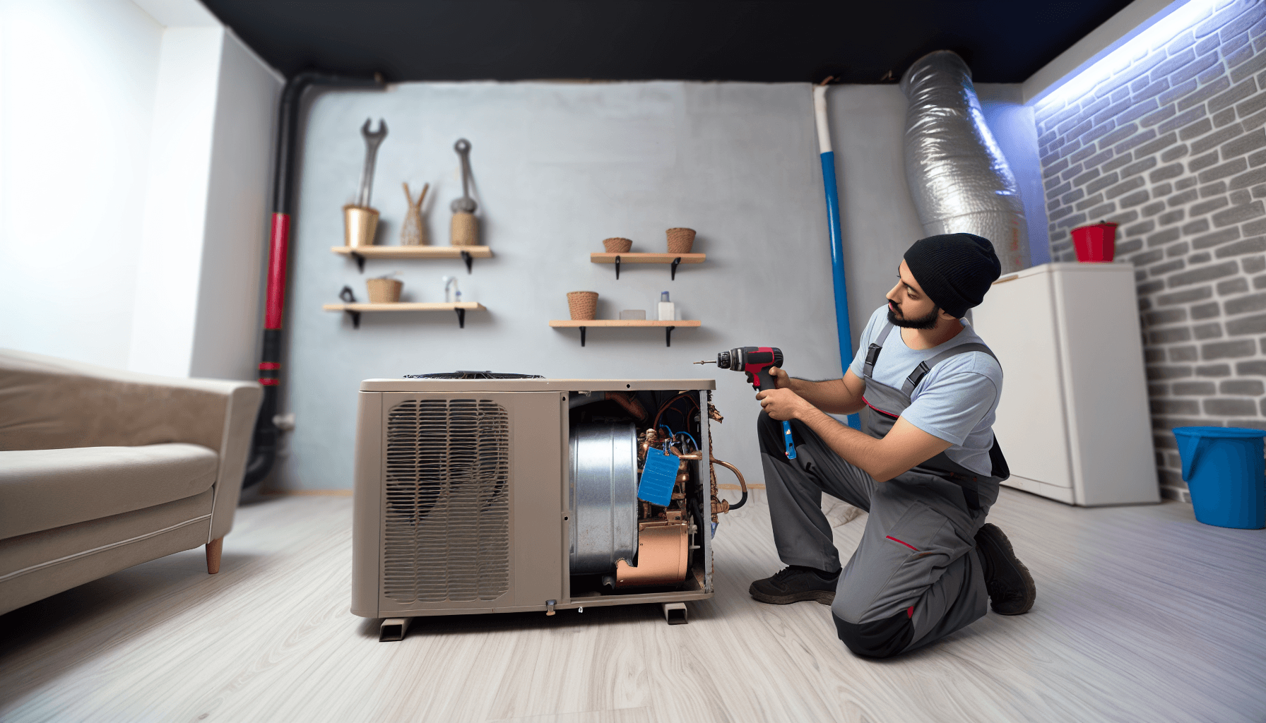 Tekniker reparerer en defekt varmepumpe kompressor i dansk kælder
