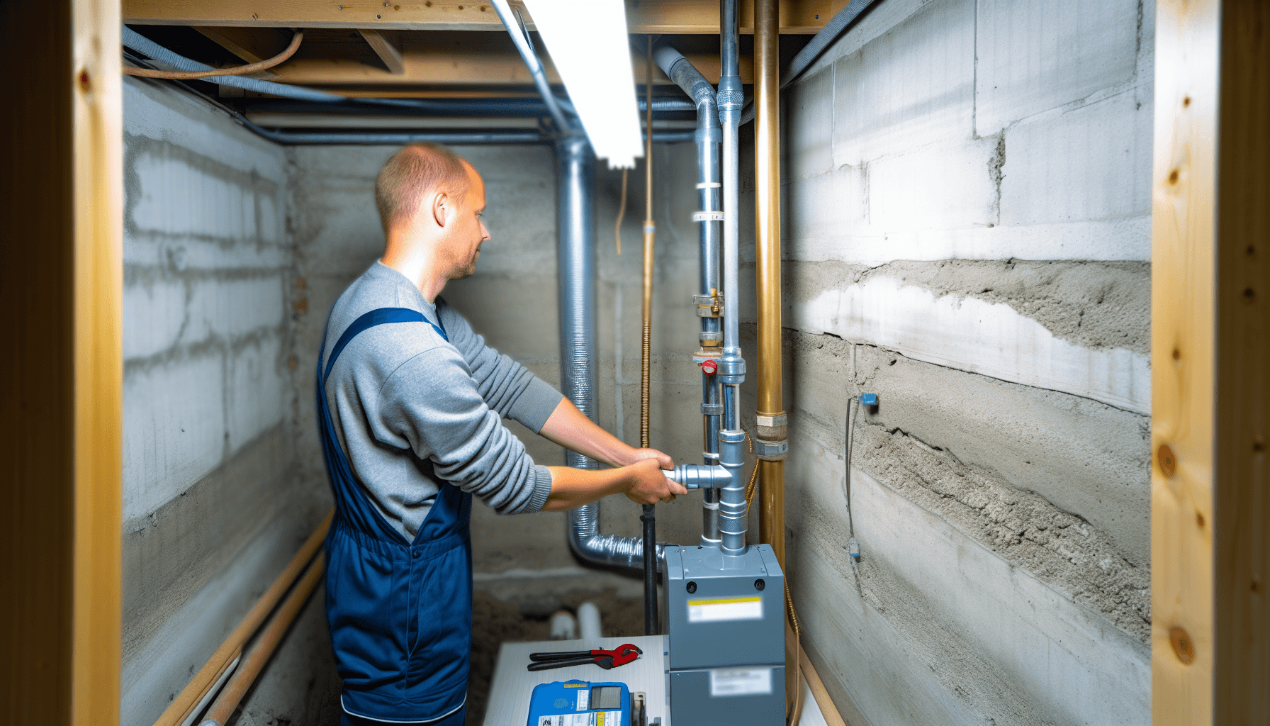 VVS-installatør arbejder med fjernvarme-installation