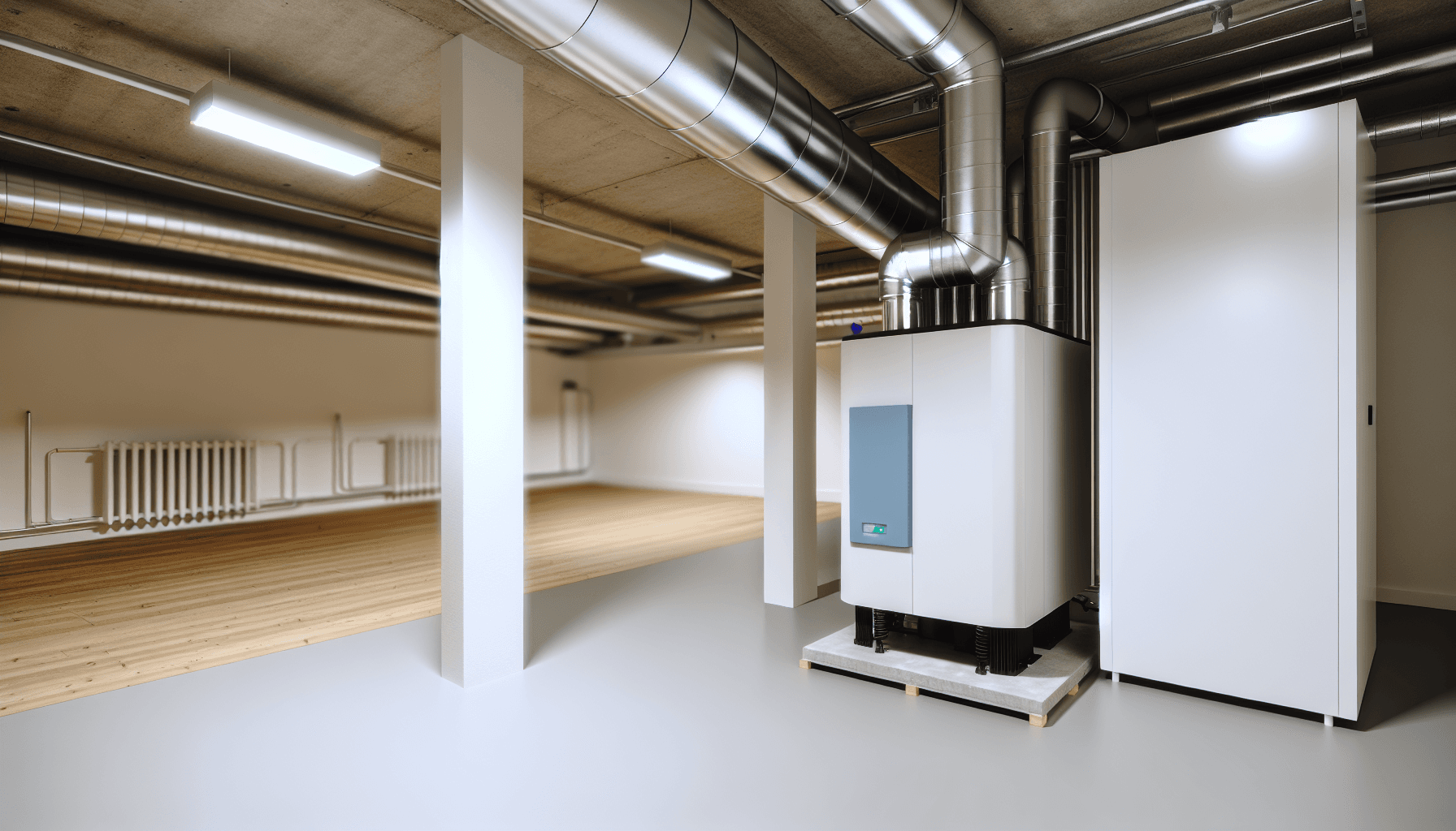 Færdiginstalleret varmeveksler i pænt kælderrum