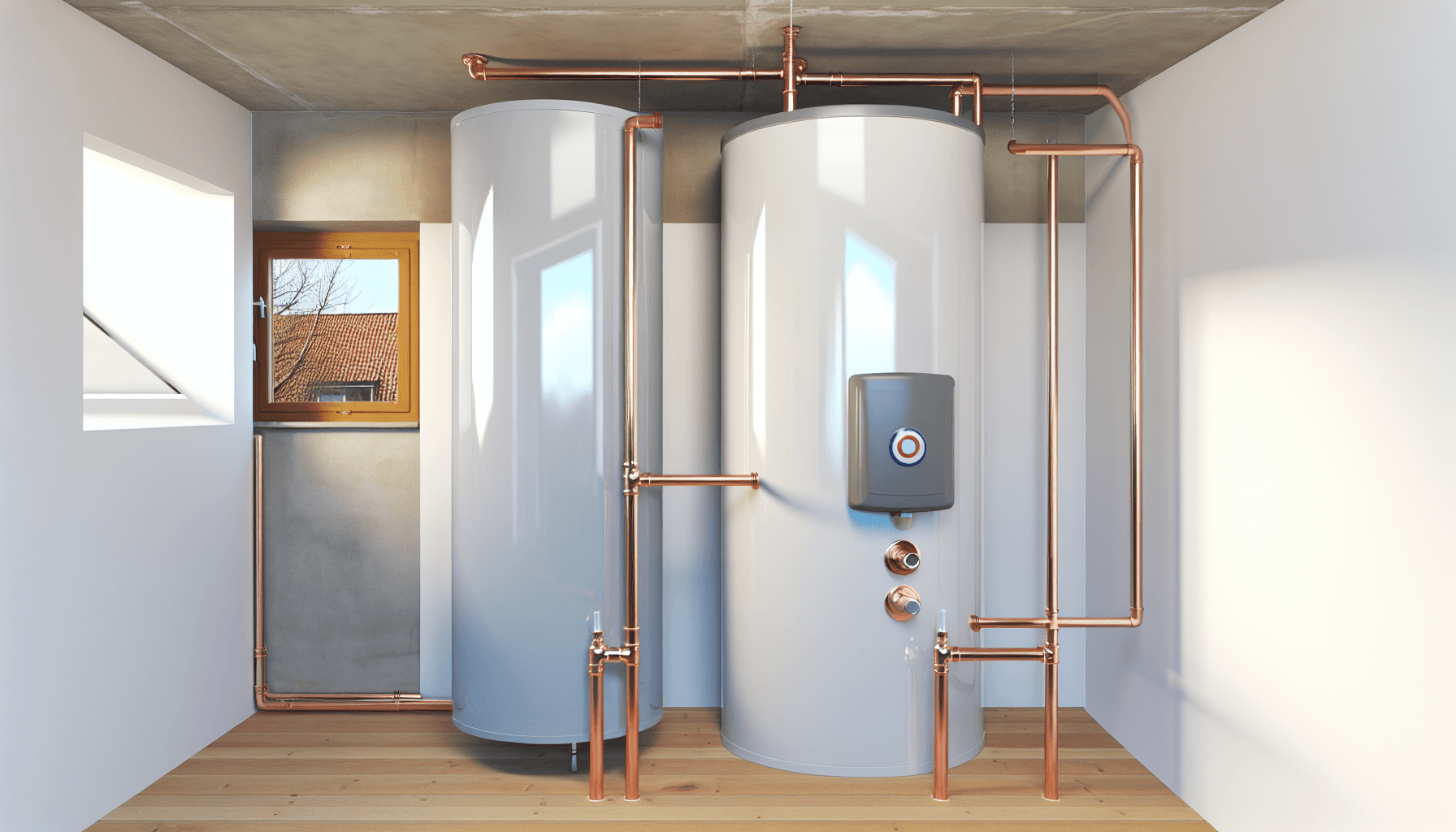 Moderne varmtvandsbeholder i dansk kælder