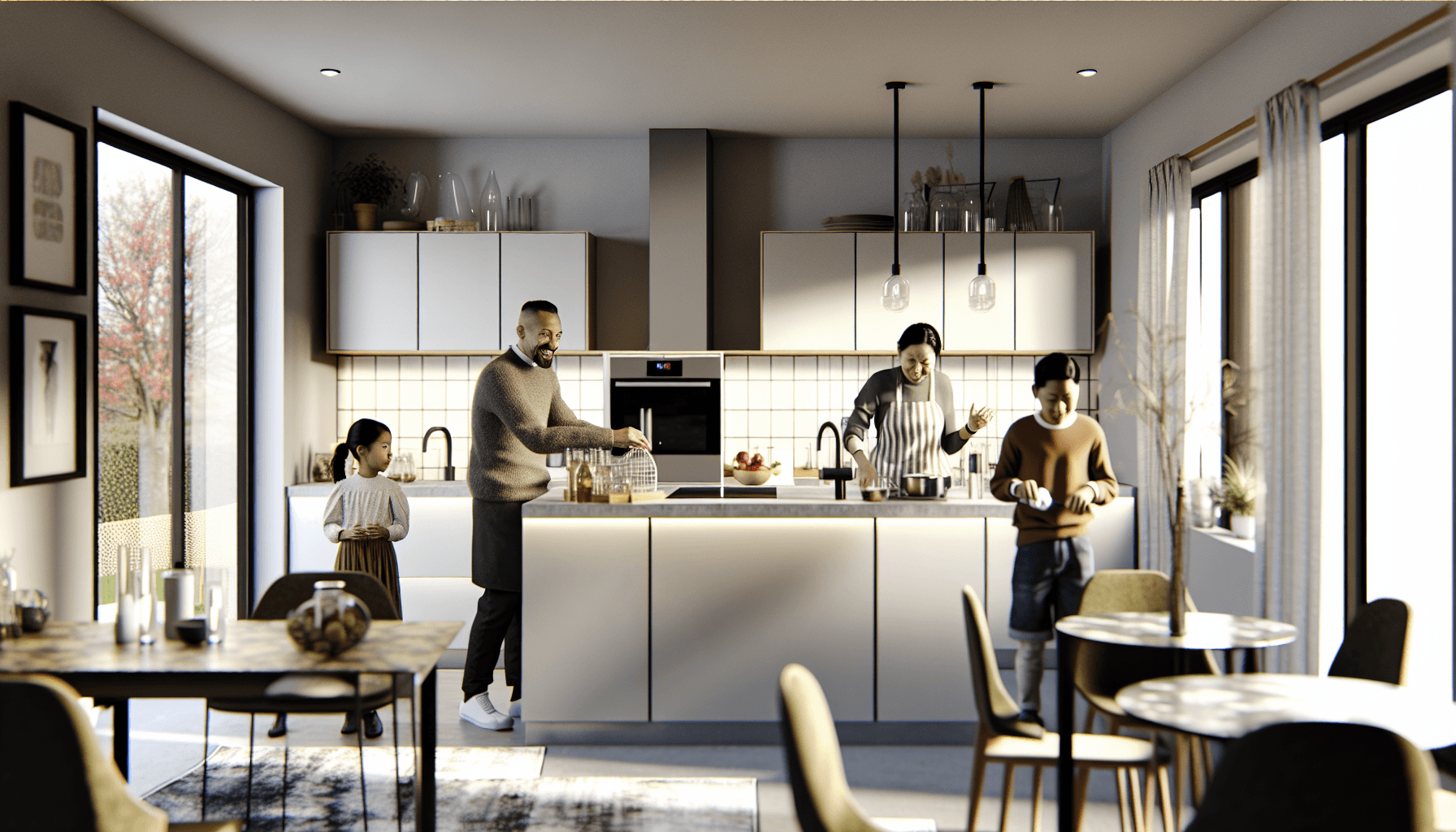 Moderne dansk familie bruger varmt vand i køkken