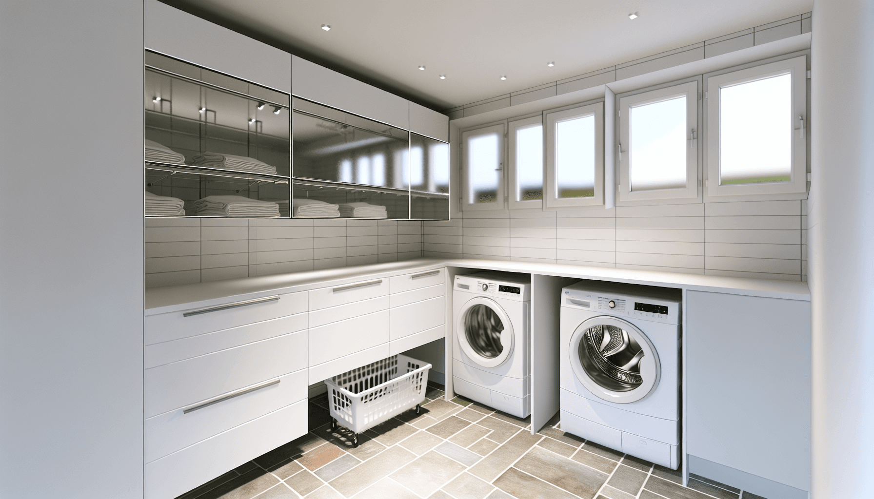 Moderne dansk vaskerum med hvide skabe og tørrestang