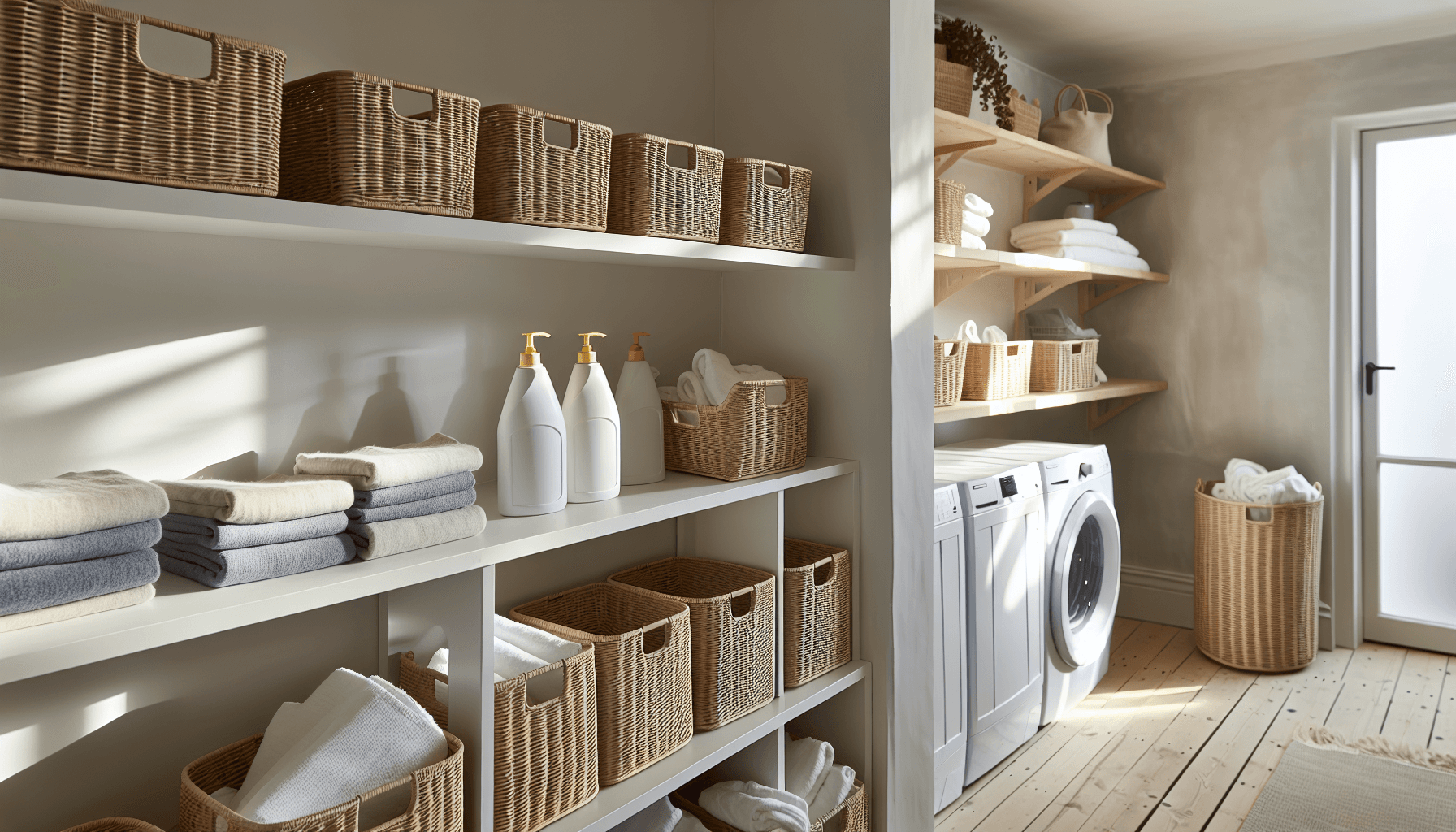 Vaskerum med åbne hylder og opbevaringsløsninger