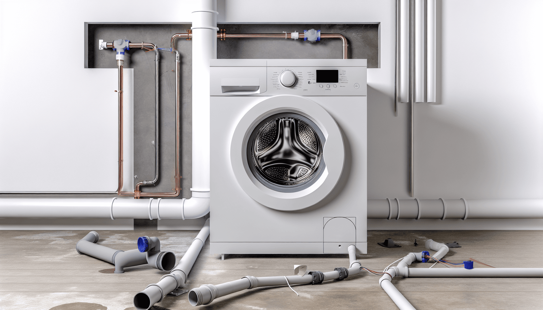 Vaskemaskine under installation med synlige VVS-tilslutninger