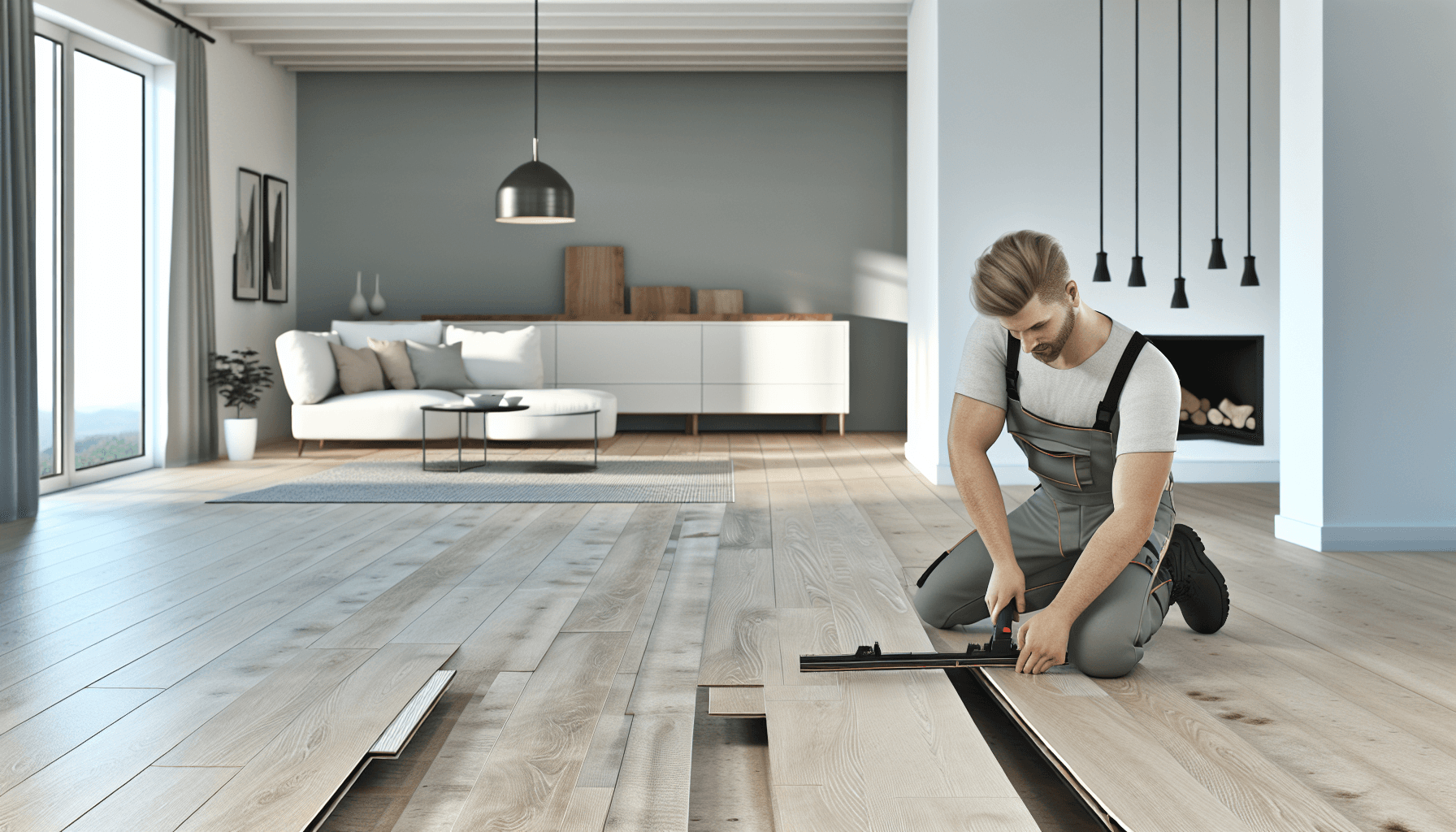 Professionel håndværker lægger vinyl planker i dansk stue