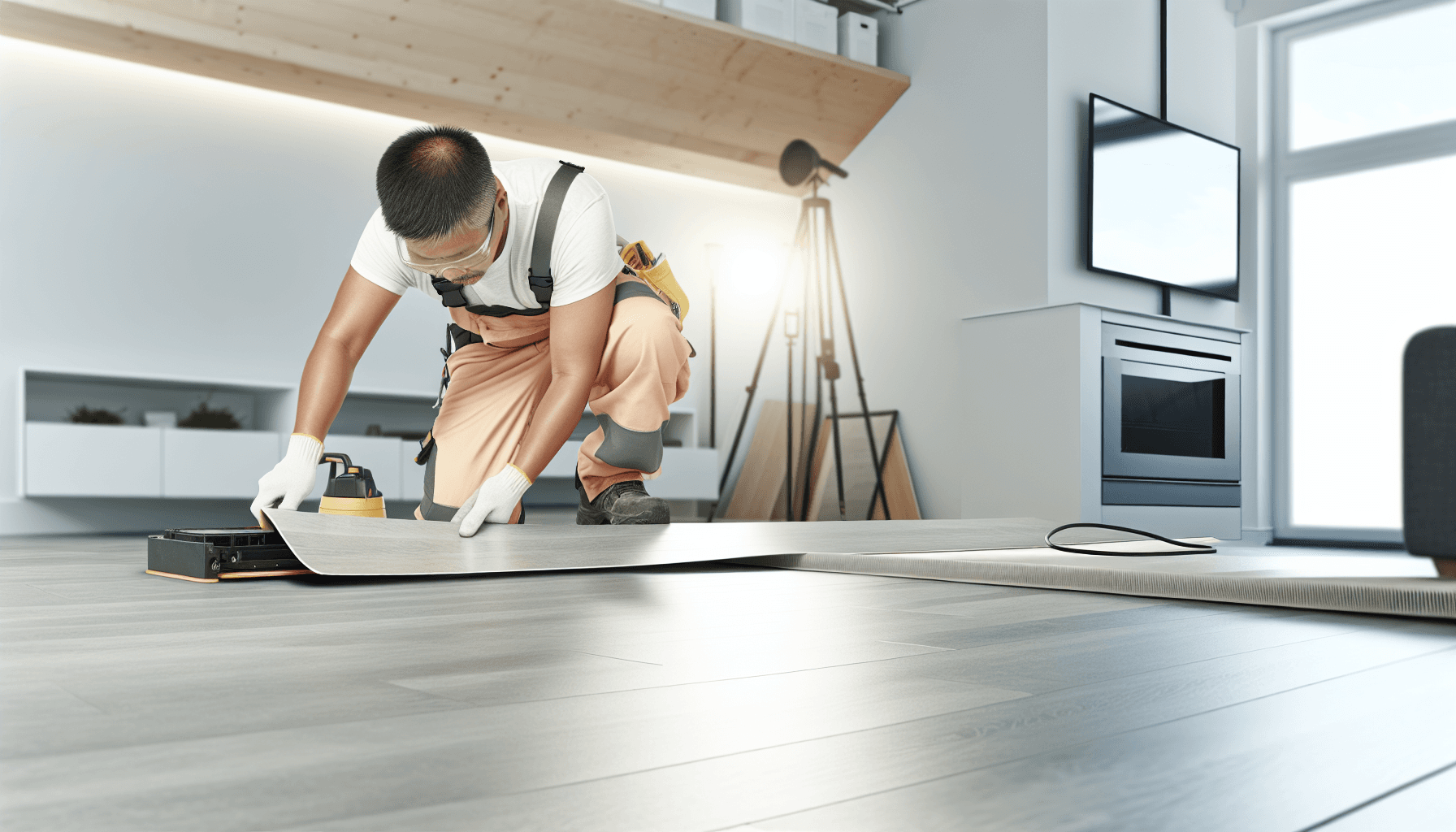 Professionel gulvlægger i gang med vinyl montering