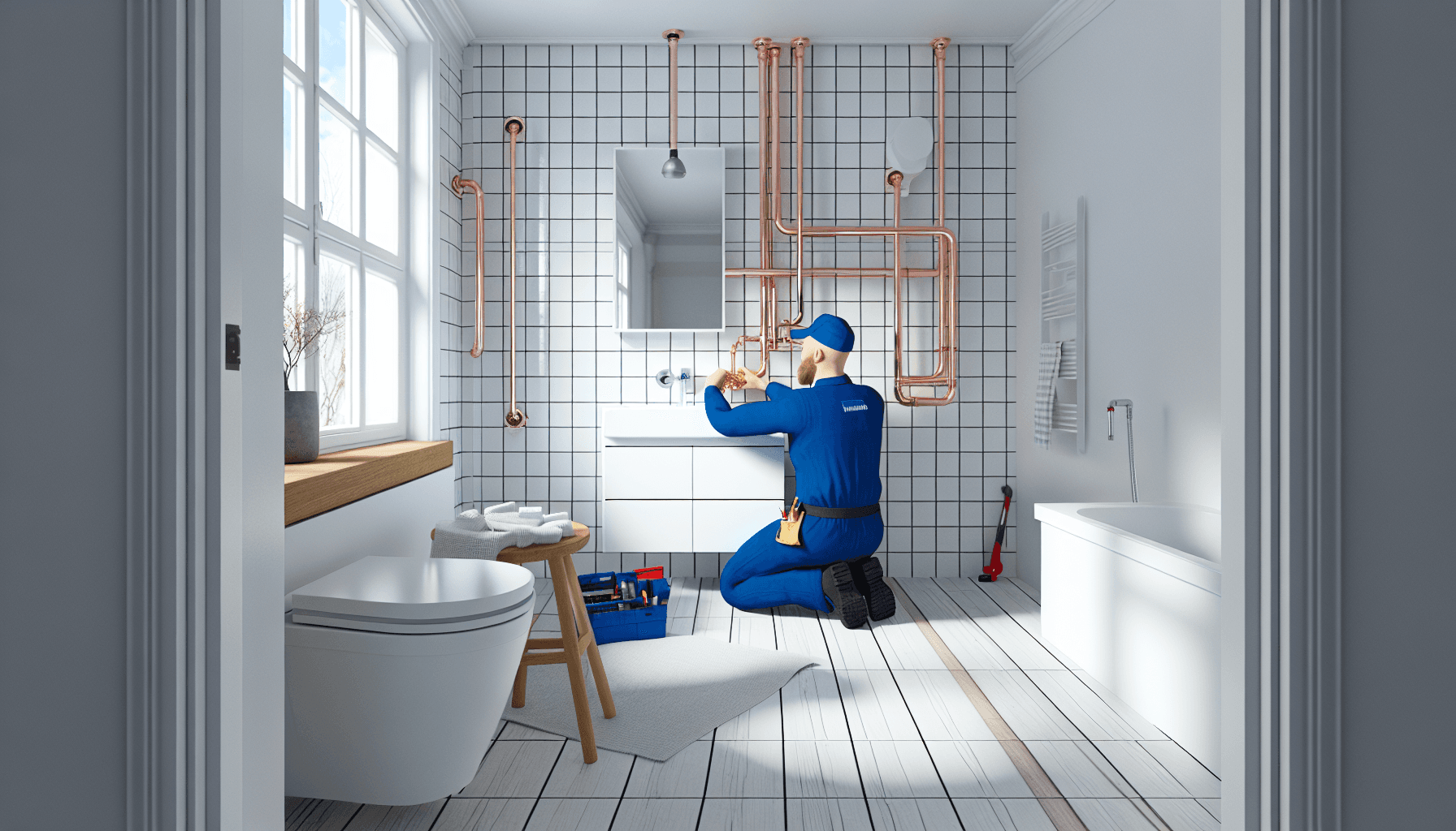 VVS-håndværker arbejder med rør i moderne dansk badeværelse