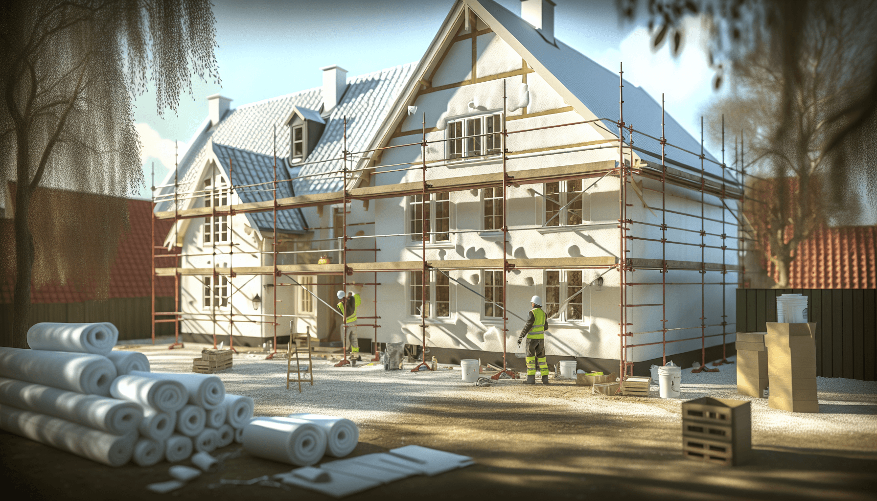 Stillads omkring dansk villa under facadeisolering