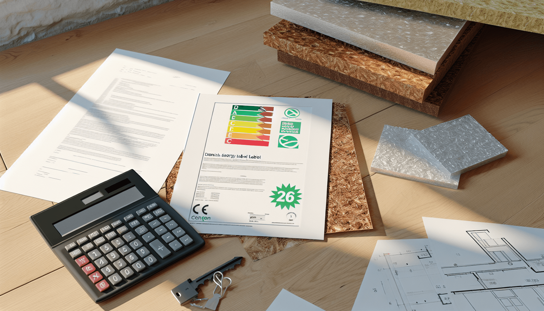 Energimærke og isoleringsmaterialer på bord