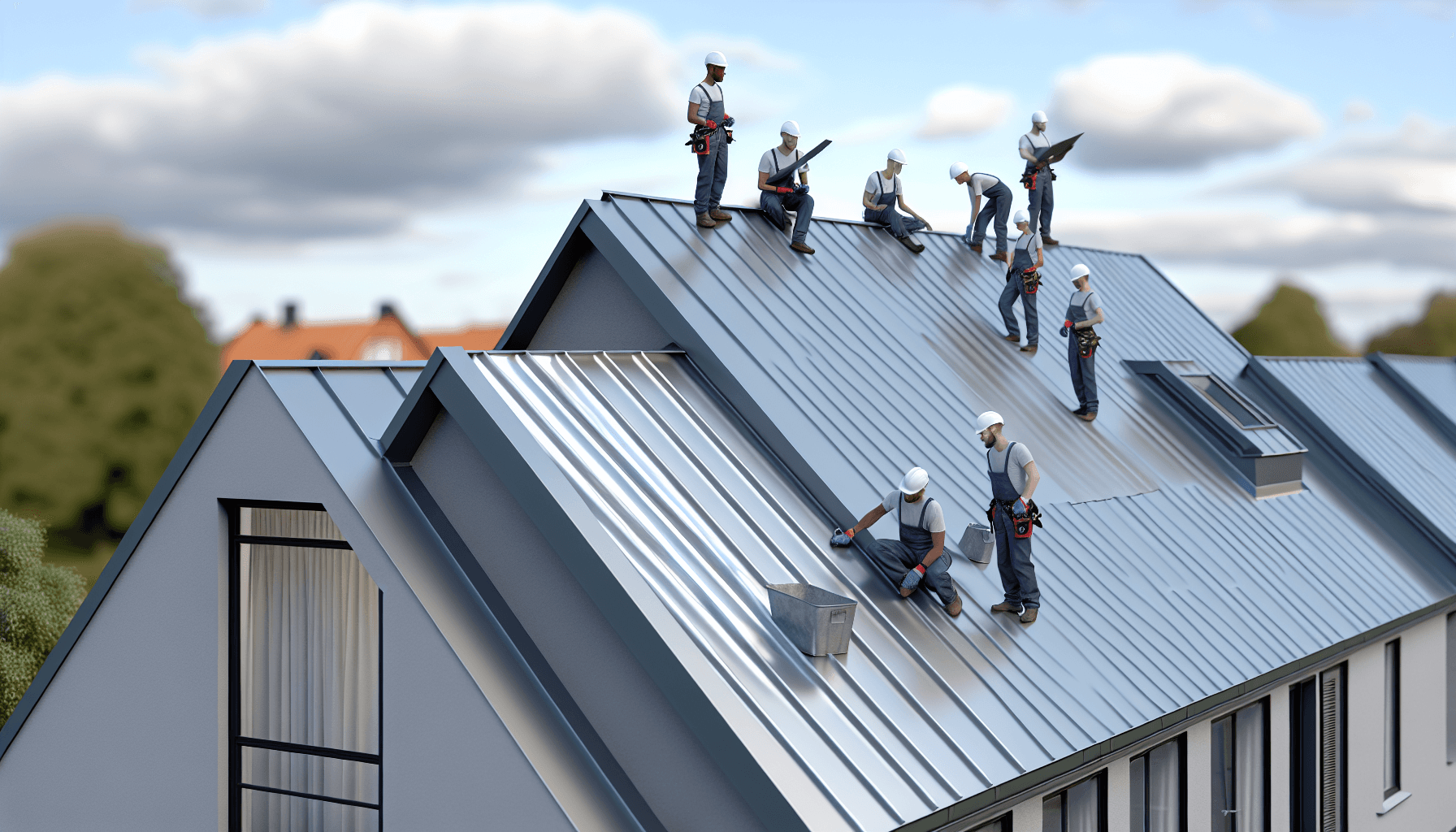 Håndværkere installerer zinkplader på dansk tag