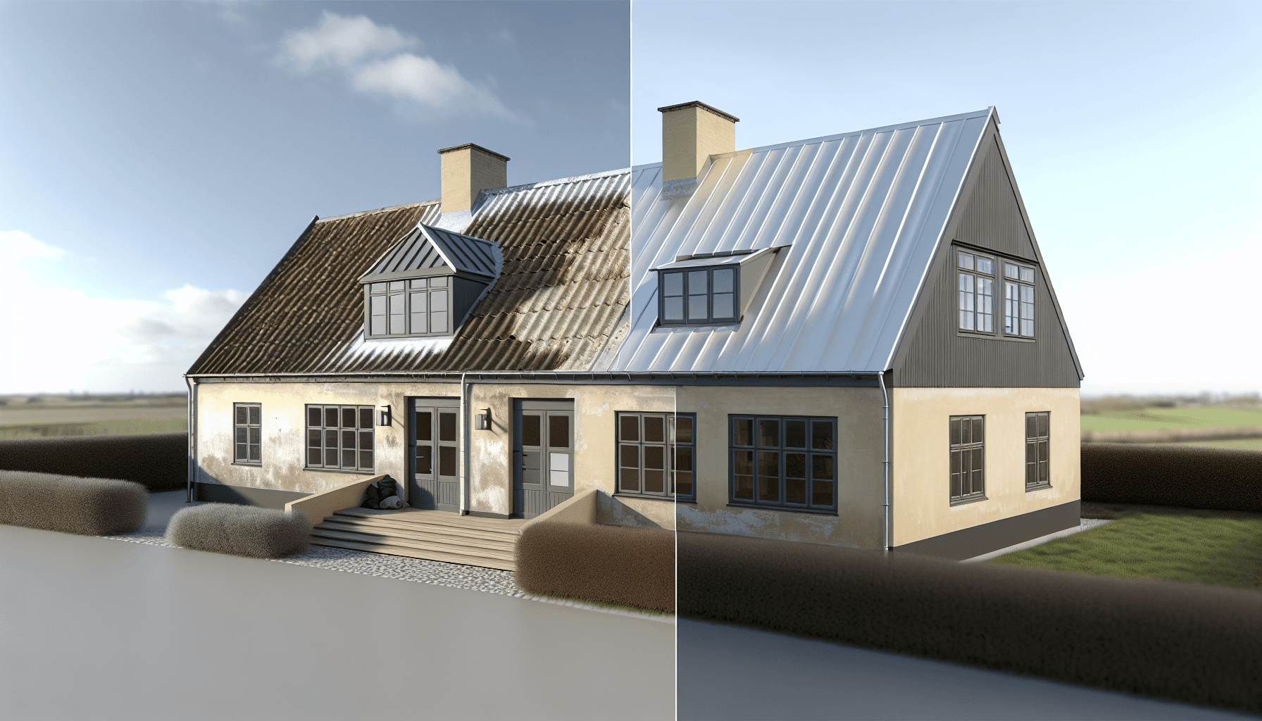 Før og efter sammenligning af hus med gammelt og nyt zinktag